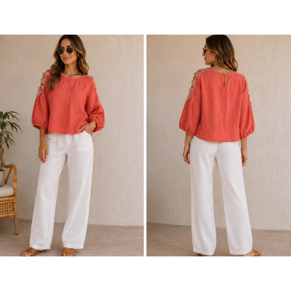 Eri + Ali Anthropologie Coral Linen Cold Shoulder Lace Trim Blouse Large